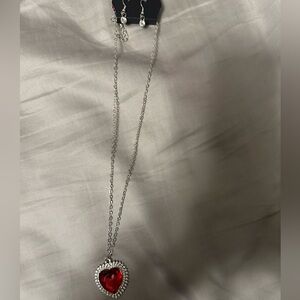 Elegant Silver Red Hearts Necklace W/Earrings NWT